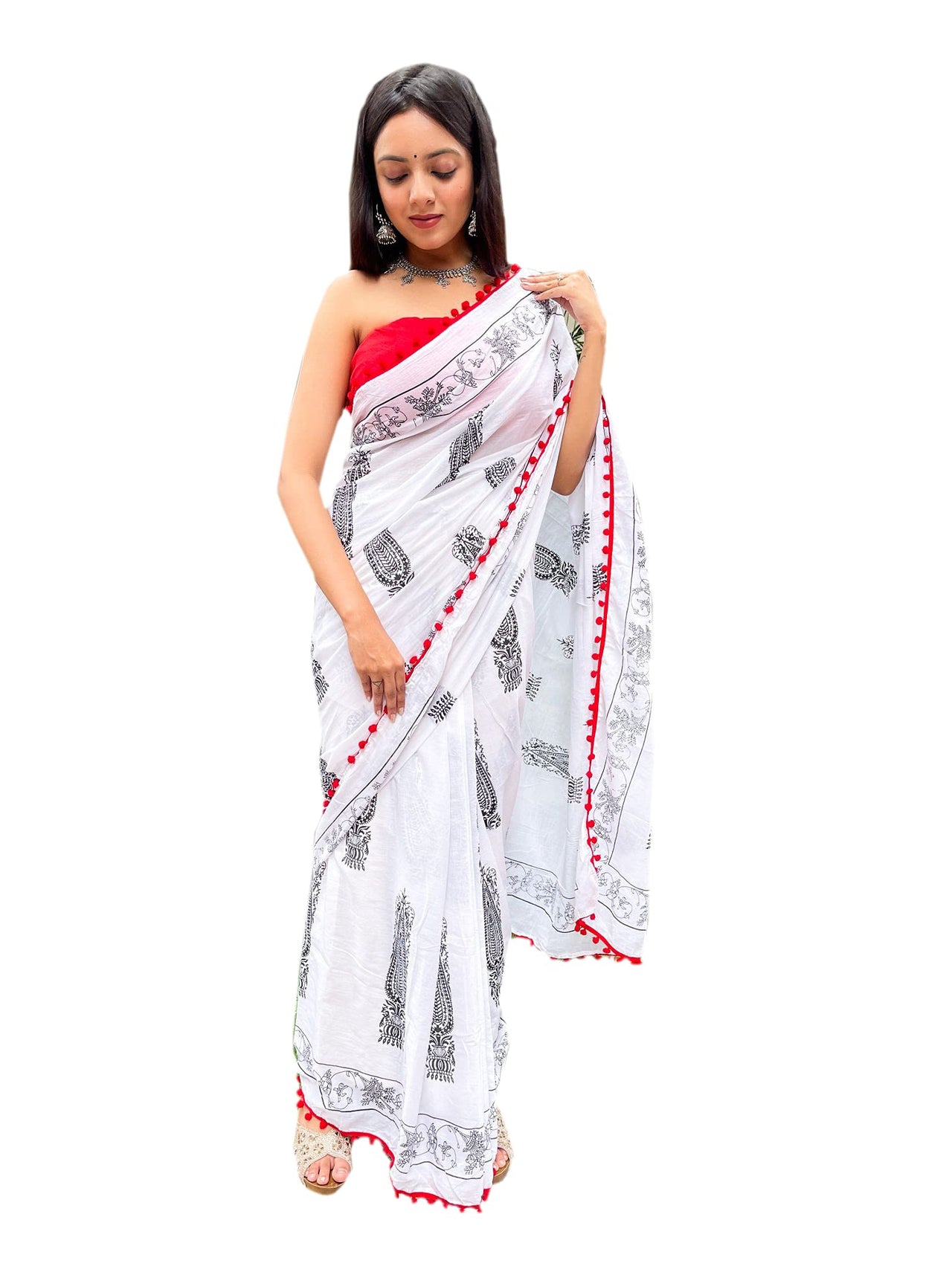 Shivanya Handicrafts Cotton Mulmul Saree for Women Attached Pom Pom Lace Red & Black 1