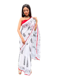 Shivanya Handicrafts Cotton Mulmul Saree for Women Attached Pom Pom Lace Red & Black 1