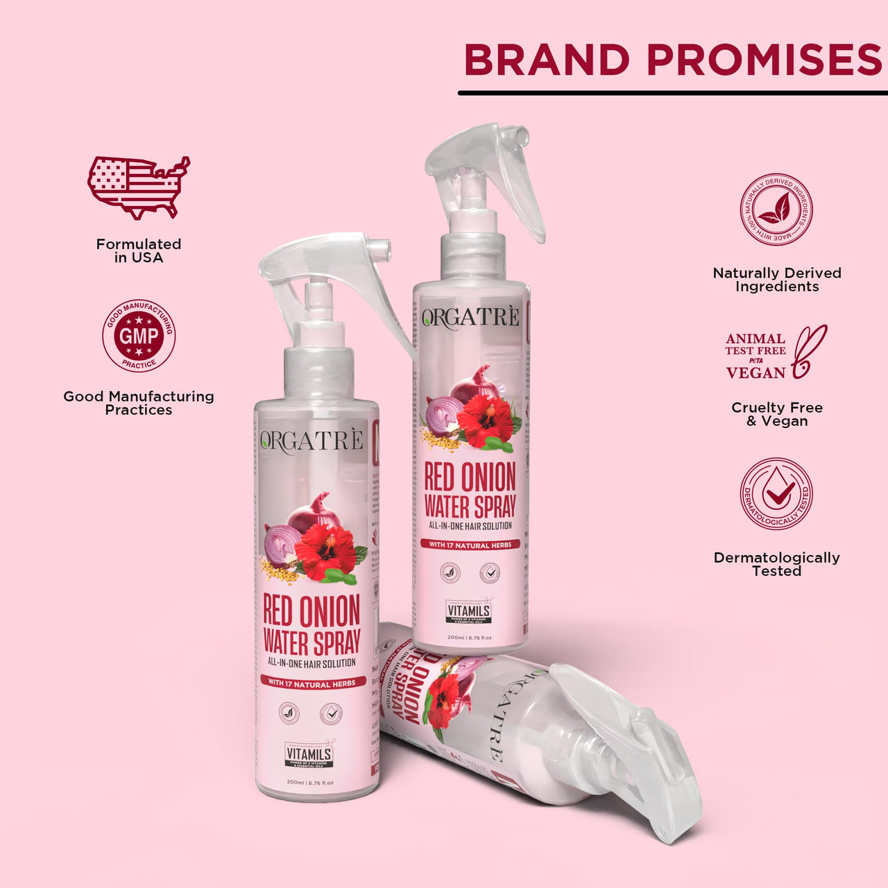 Orgatre Red Onion Water Spray for Hair Growth | 100% Natural Red Onion Extract with 17 Herbs | Hair Growth & Volume Booster | No Sticky Residue | 200ml