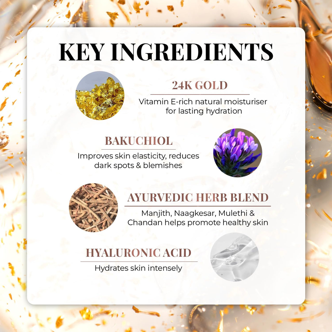 Just Herbs 24K Gold Bakuchiol Face Serum for Fights Signs of Ageing | Improve Skin Elasticity | Instant Lasting Hydration All Skin Types for Men and Women 30ml