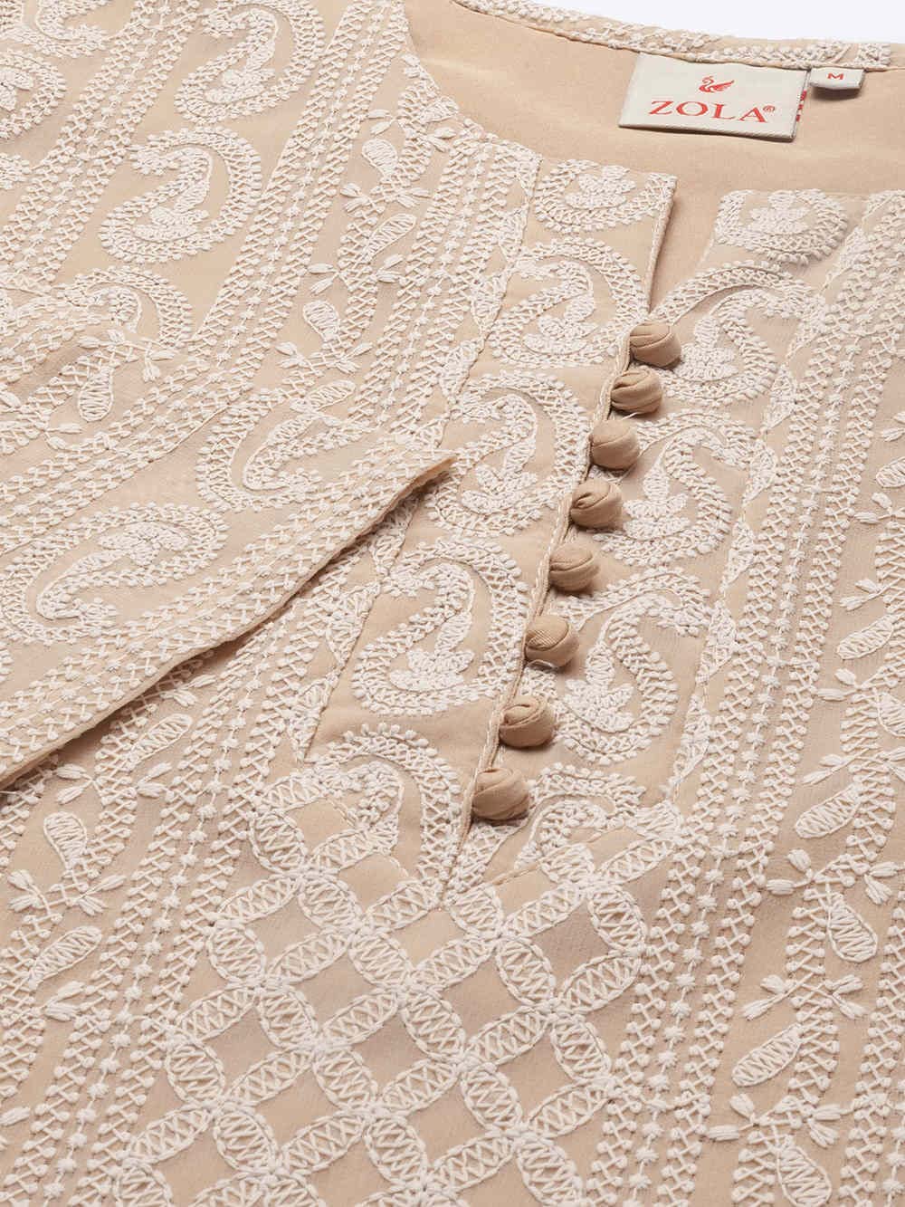 ZOLA Exclusive Georgette Round Neck with Full Sleeves and Calf Length Luckhnowi Chikan Kari Kurta with Button Placket on Yolk Ethnic Wear Straight Kurta for Women Pack of 1