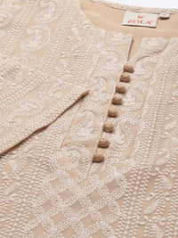 ZOLA Exclusive Georgette Round Neck with Full Sleeves and Calf Length Luckhnowi Chikan Kari Kurta with Button Placket on Yolk Ethnic Wear Straight Kurta for Women Pack of 1