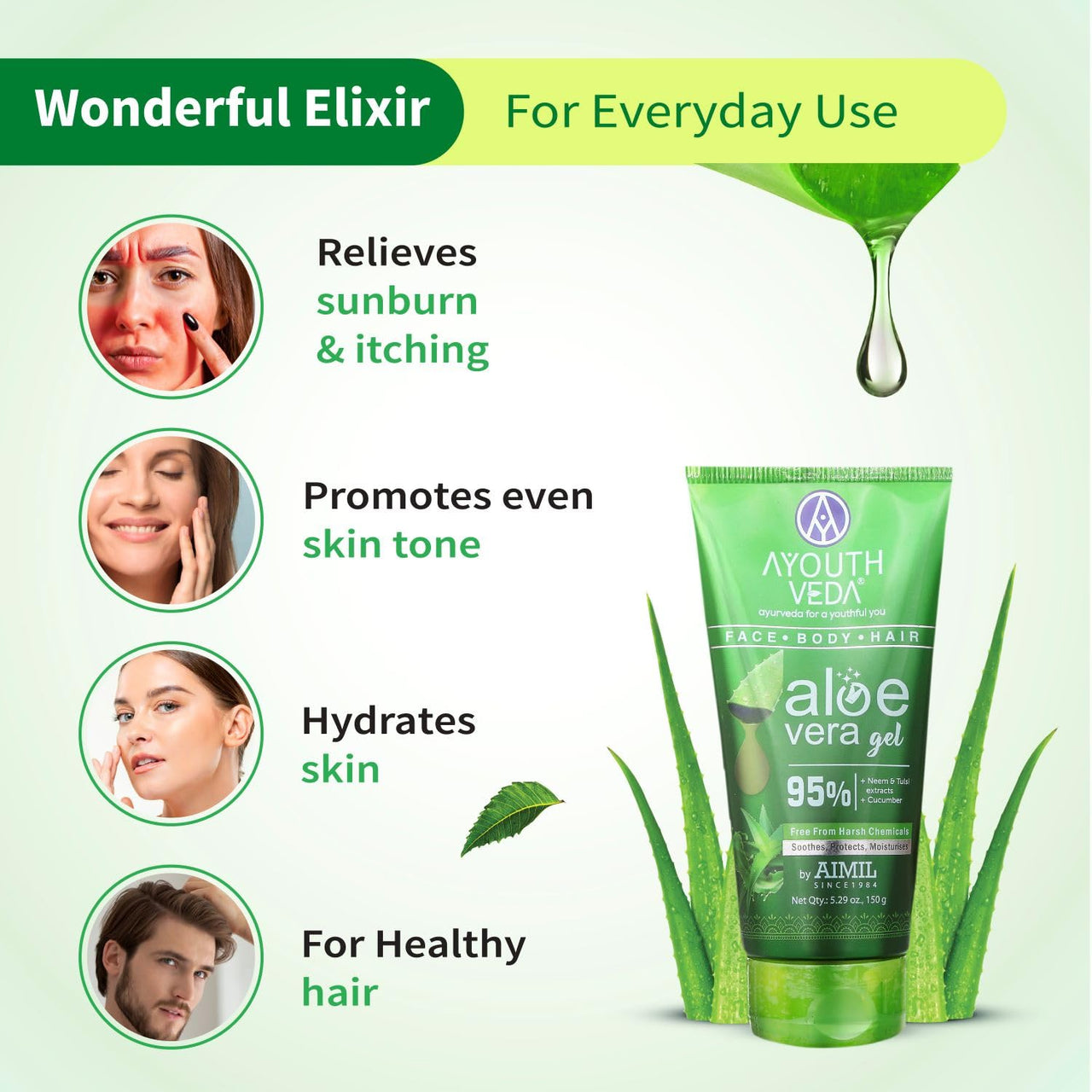 Ayouthveda Aloe Vera Gel 150 gm for Face, Body & Hair | Aloe Vera Skin/Hair Gel With Neem & Tulasi Vitamin Extracts | Calms Sunburn & Promotes Even Skin Tone (Pack Of 3;150ml each)