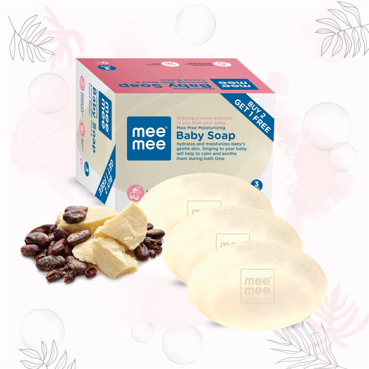 Mee Mee Baby Soap 75g, Pack of 3 (Buy 2, Get 1 Free) | Nurturing Bathing Bar with Natural Shea & Cocoa Butter | For Baby's Sensitive Skin | Paraben Free | Dermatologist-Approved for Gentle Skin Care