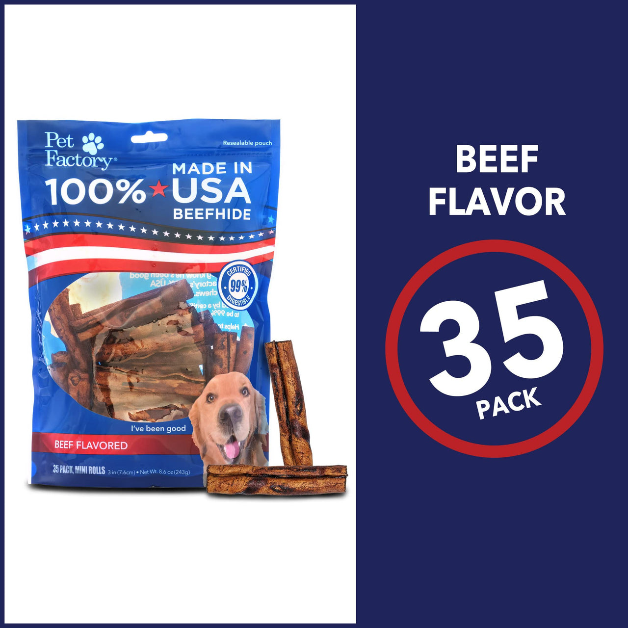 Pet Factory 100% Made in USA Beefhide 3-3.5" Mini Rolls Dog Chew Treats - Beef Flavor, 35 Count/1 Pack
