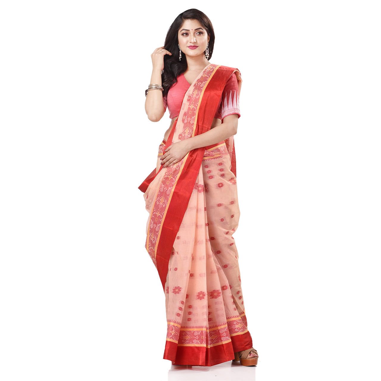 dB DESH BIDESH Women`s Traditional Bengal Phulkoli Woven Design Pure Handloom Cotton Saree Without Blouse Piece White Red