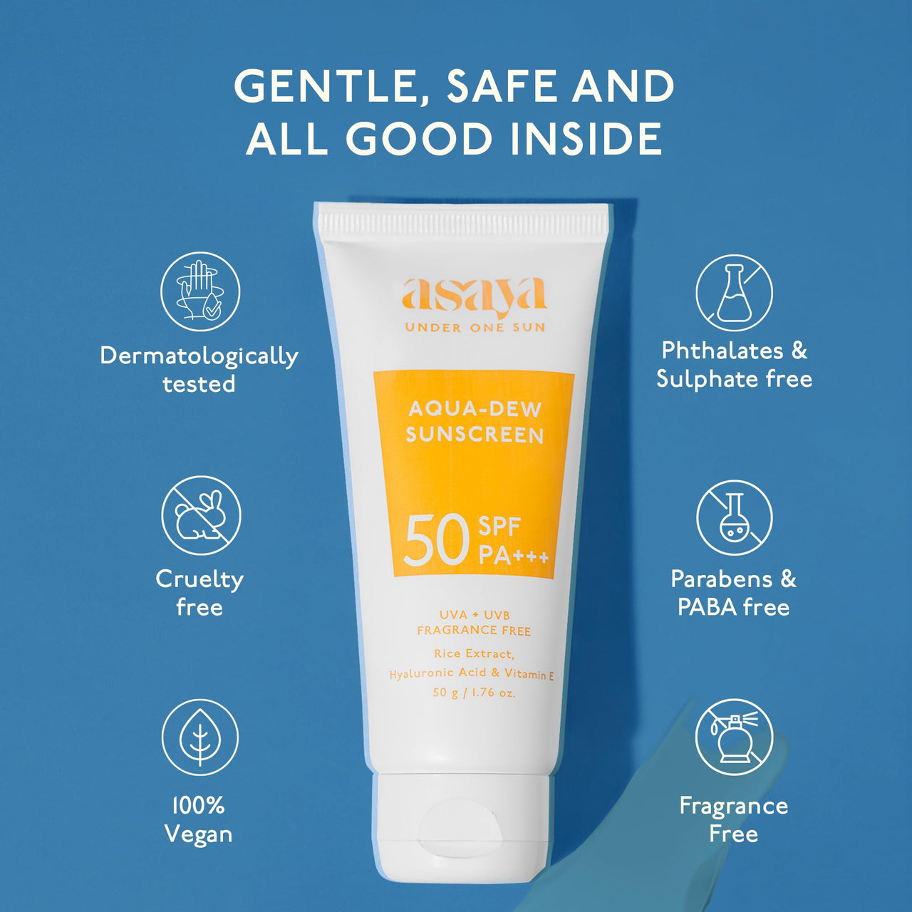 Asaya Aqua Dew Sunscreen SPF 50 PA+++ | UVA/B Light Protection | Blue Light Protect | Dewy | With Rice Extract | No White Cast | Prevents Tanning | Ultra Light Water Sunscreen | Water & Sweat Resistant | Fragrance-Free | For Even Toned & Glowing Skin | Fo