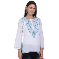 Paramount Women's  Chikankari Cotton White Straight Short Kurta Navy XS