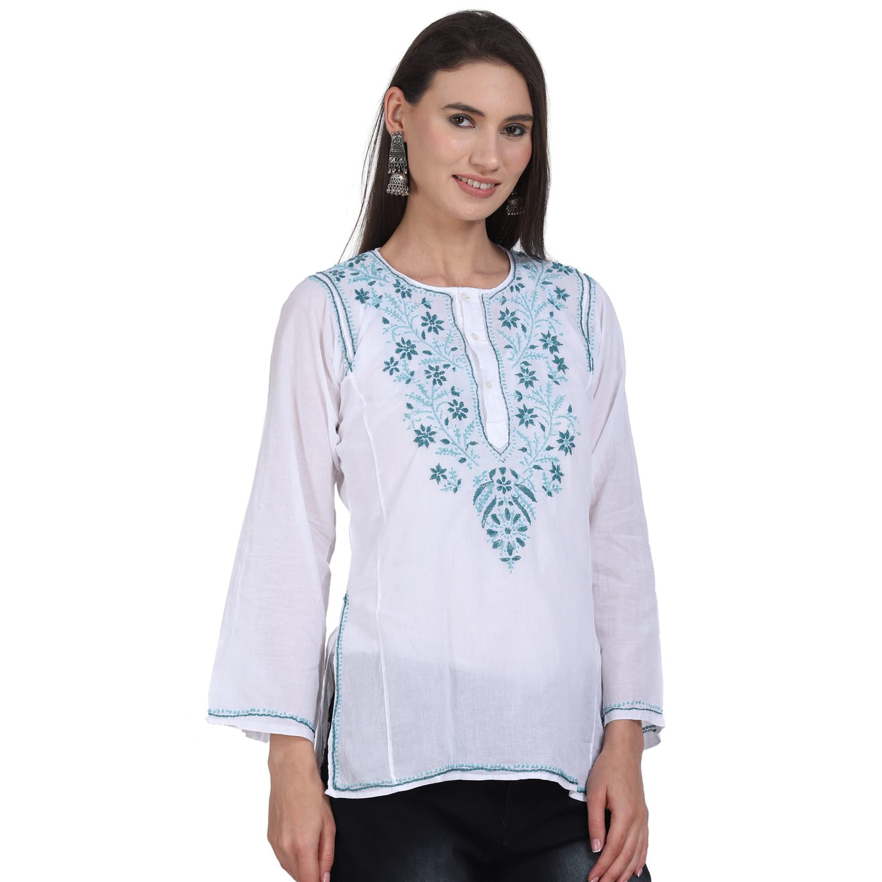 Paramount Women's  Chikankari Cotton White Straight Short Kurta Navy XS