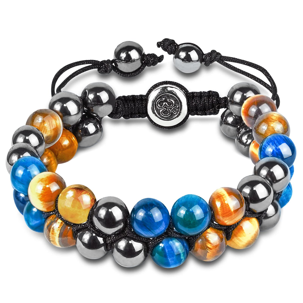 Triple Protection Bracelet Natural Blue Yellow Tigers Eye Hematite 8mm Beads Crystal Bracelet Healing Bracelets for Men Women Bring Prosperity Luck and Health 8MM Blue Triple Protection (Double layer)