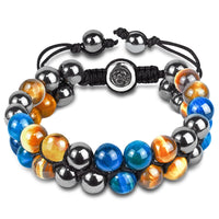 Triple Protection Bracelet Natural Blue Yellow Tigers Eye Hematite 8mm Beads Crystal Bracelet Healing Bracelets for Men Women Bring Prosperity Luck and Health 8MM Blue Triple Protection (Double layer)