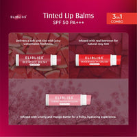 Elibliss Daily Skincare and Lip Care Combo | 20% Vitamin C Face Serum with Niacinamide and Hyaluronic 30ml | 3 in 1 Tinted Lip Balm Set with Beetroot Blush, Watermelon Crush and Cherry Blossom 15g