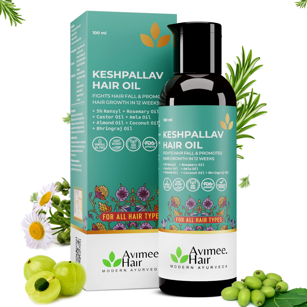 Avimee Herbal Hair Fall Kit | For Hair Growth and Nourishment | Keshpallav Hair Oil (100ml), Shakuntala Hair Cleanser (200ml) and Hairtone PV1 Scalp Spray (100ml) | Hair Care Combo
