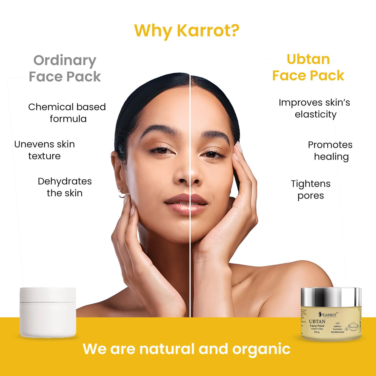 Karrot Natural Skincare Ubtan Face Pack, Enhances Glow and Brightness, Increases Softness and Removes Tan, Made with Kastoori Haldi, Sandalwood, Rosewater, For Women and Men, All Skin Types, 100gms