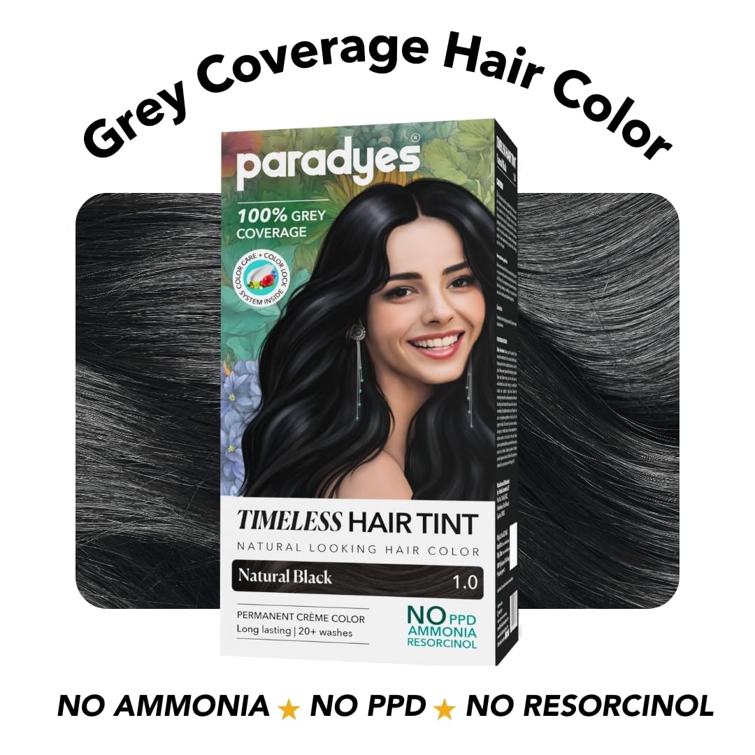 Paradyes Natural Black Timeless Hair Tint, Permanent Crème Hair Colour for Natural-Looking Results, Complete Grey Coverage, Long-Lasting Formula Free from PPD, Ammonia, & Resorcinol, 1.0 Natural Black