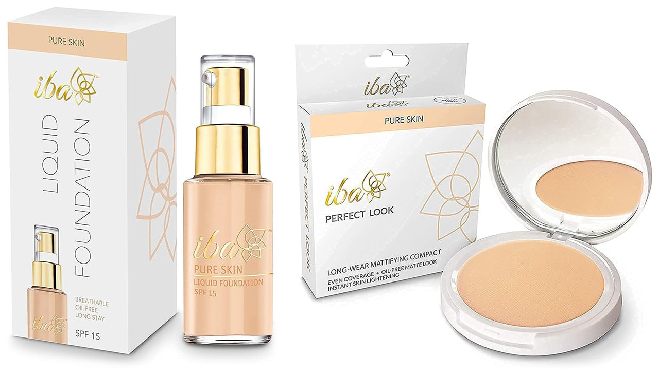 Iba Halal Care Perfect Look Long Wear Mattifying Acne Prone Compact, 02 Medium Shell, 9G & Halal Care Pure Skin Liquid Foundation, Natural Beige, 30Ml