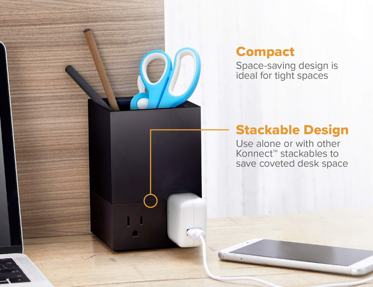 Bostitch Office Konnect Power Hub, Two Outlets Charging Station for Desktop, Shallow Tray Top, Black