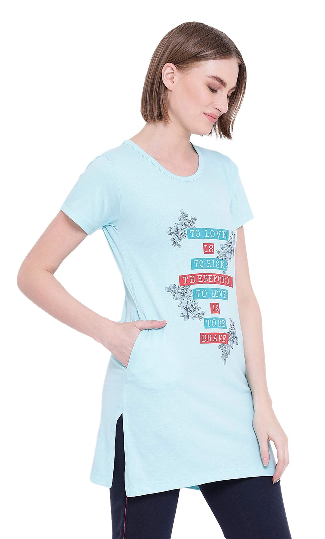 In Love Ladies Long Knee Length Chest Printed Side Slits Tshirts