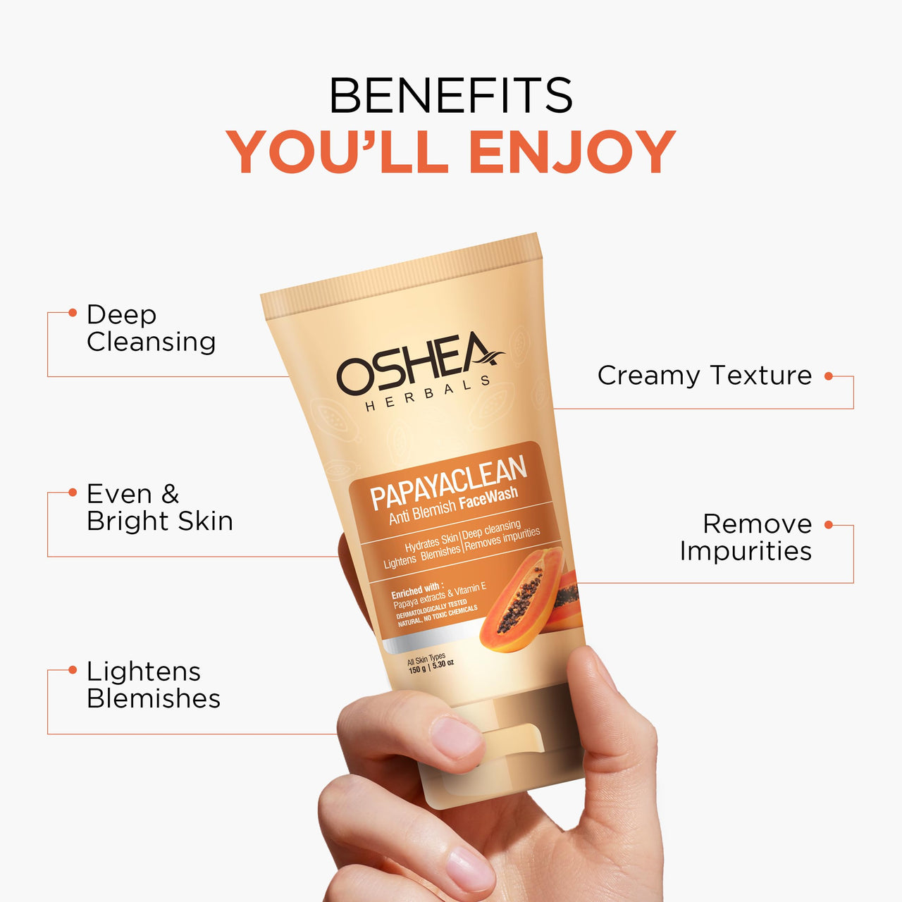 Oshea Herbals Papayaclean Anti Blemishes Gel Face Wash for Women & Men | Hydrating Face Wash for All Skin Types | Lightens Blemishes & Brightens Skin with Papaya Extracts & Vitamin E - 150gm