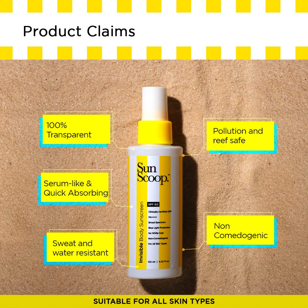 SunScoop Invisible Body SPF 60 PA++++ Sunscreen Spray For Women & Men With UV Filters Avobenzone & Octocrylene | Non-Comedogenic, Broad Spectrum, No White Cast | For Oily & Dry Skin | 125mL