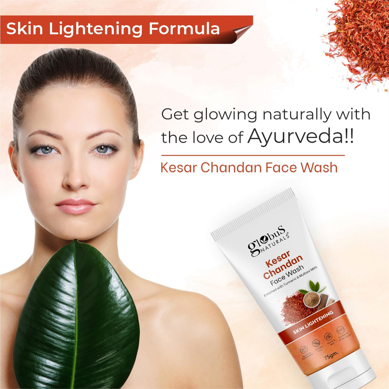 Globus Naturals Kesar Chandan Skin Lightening & Tan Removal Face wash, For Natural Glow & Spotless Skin, Suitable For All Skin Types, 75 ml (Pack of 5)
