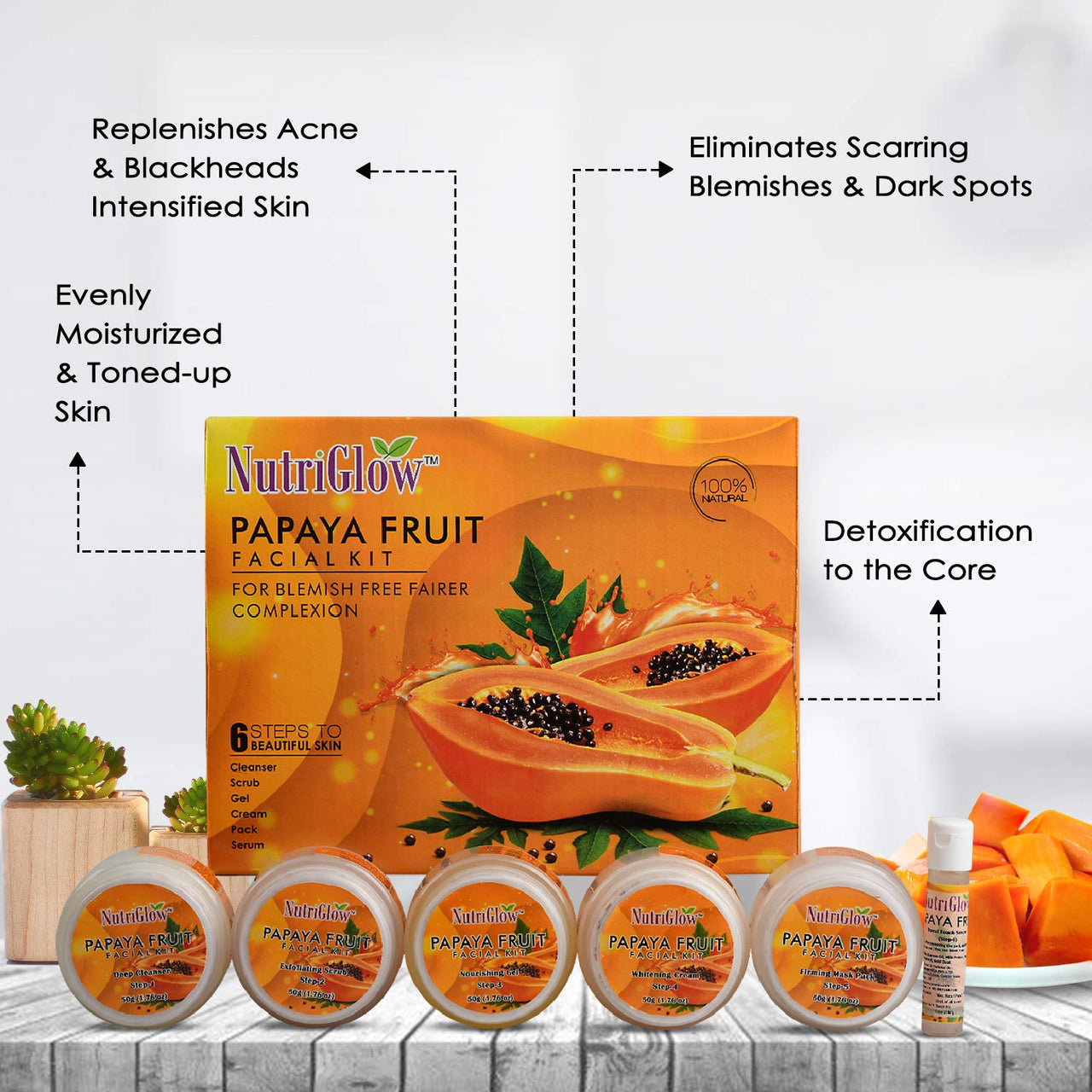NutriGlow Papaya Facial Kit For Blemish Free and Fairer Skin Hydrated & Brightening Fresh Looking Skin, All Skin Types, No Parabens & Sulphates, 250gm+10ml With Jade Roller
