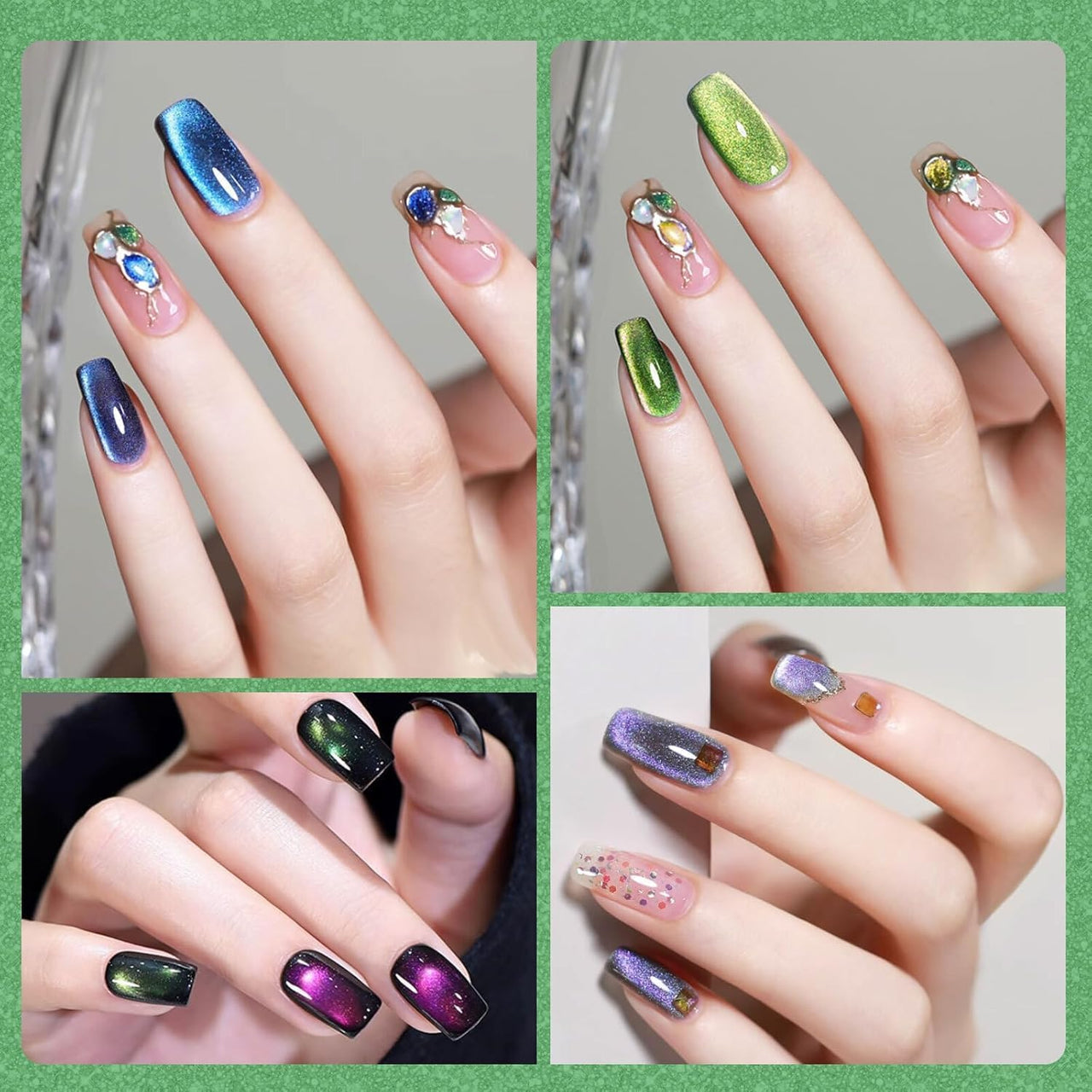 Bolt Bee 9D Cat Eye Gel Nail Polish Magnetic Soak Off UV/LED Gel, Long-Lasting, High Shine, Glitter Effect, Salon & DIY Manicure 9ml (Green)