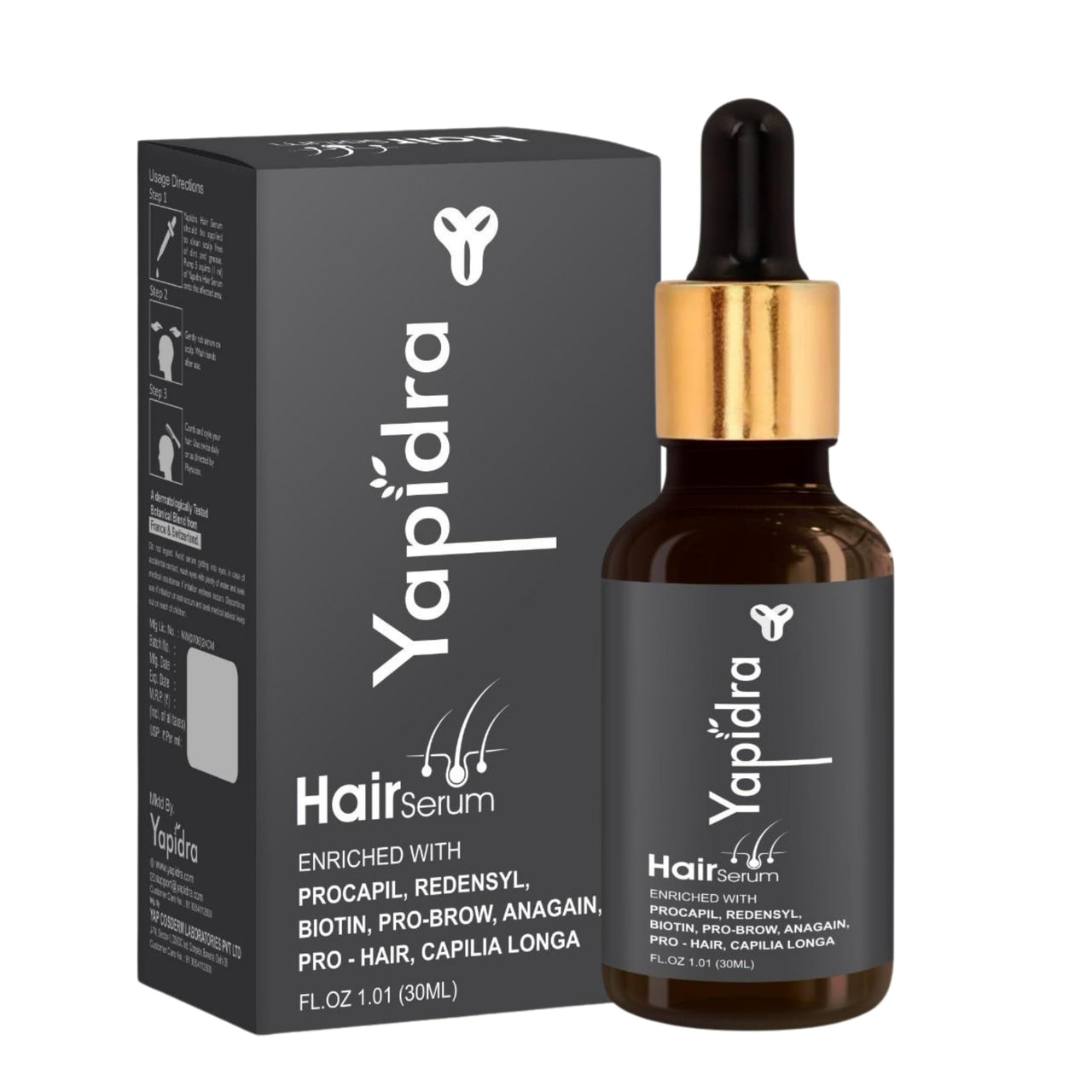 Yapidra Hair Growth Serum | 3% Redensyl, 4% Anagain, 3% Baicapil, 1% Capilia Longa | With Rosemary, Biotin & Rice Extract | Controls Hair Fall & Boosts Growth | Unisex | 30ml