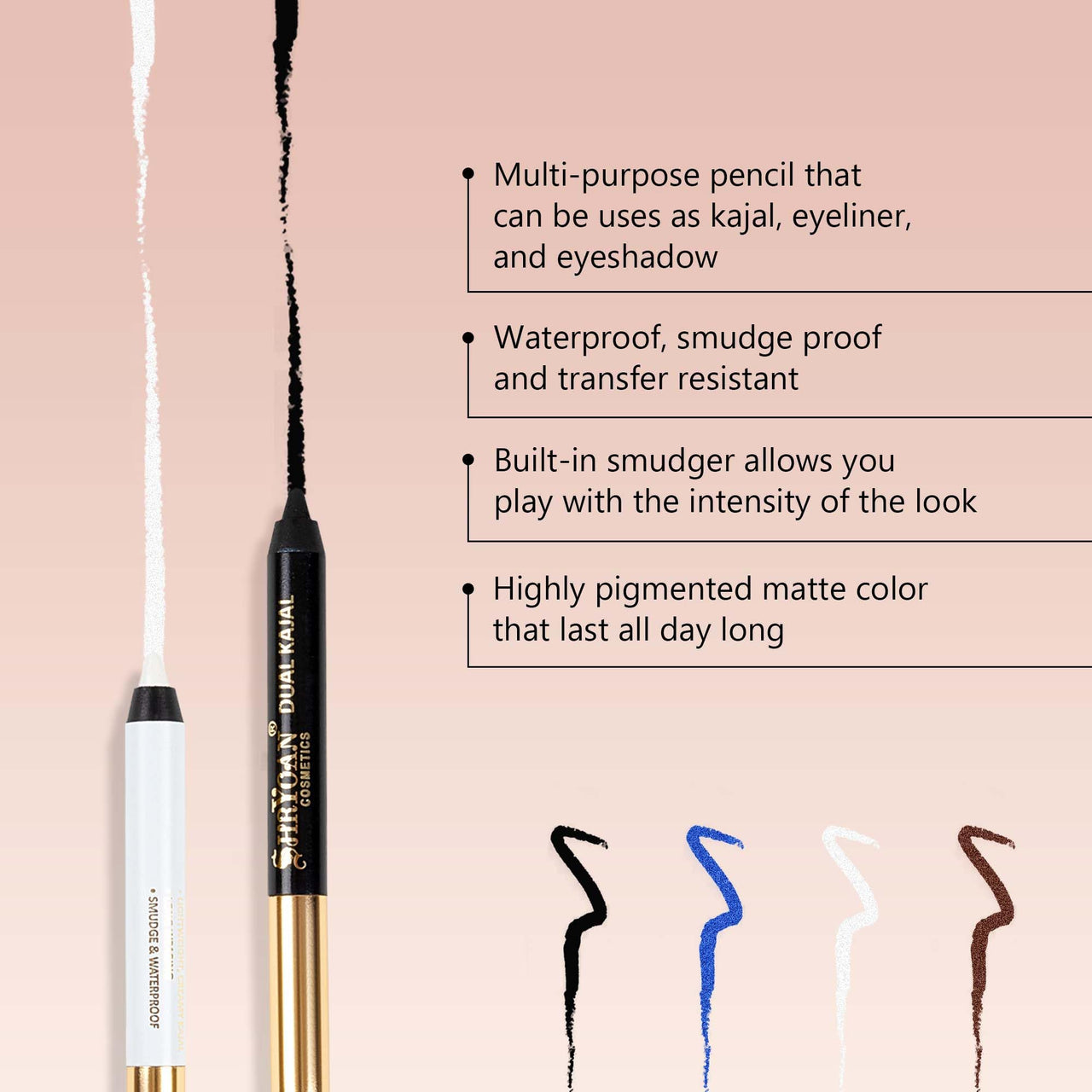 Shryoan Shimmery Dual Kajal with Sharpener | Waterproof | Long-Lasting | Black & Brown Shades | Long lasting smudge proof| Sweat proof Formula | 24-Hour Wear (Pack of 1)