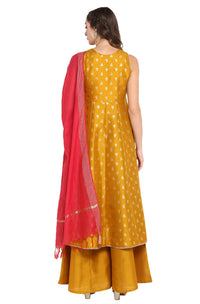 Janasya Women's  Mustard Poly Silk Gold Print Kurta with Palazzo and Dupatta