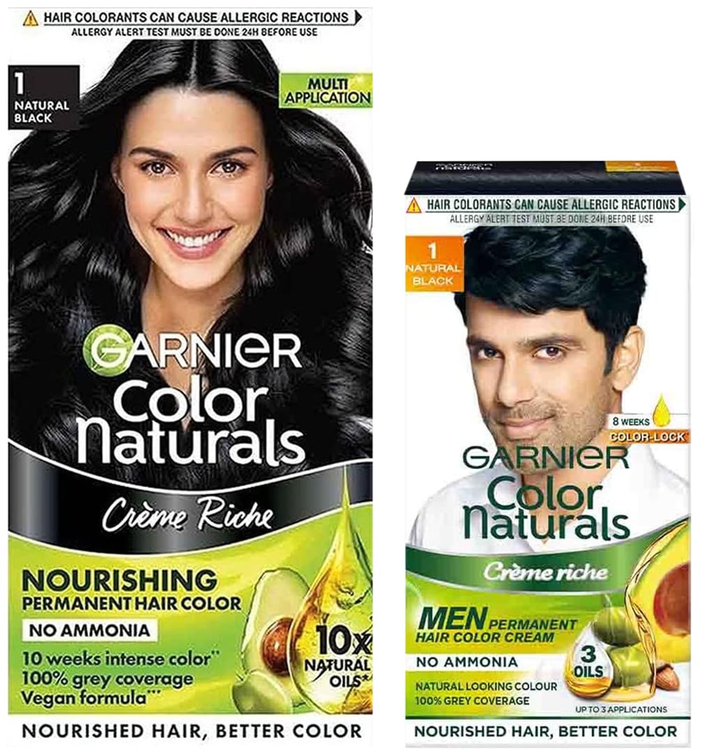 Garnier Color Naturals Crème hair color, Shade 1 Natural Black, 70ml + 60g And Garnier Color Naturals Men, Natural Black, 30ml+30gm
