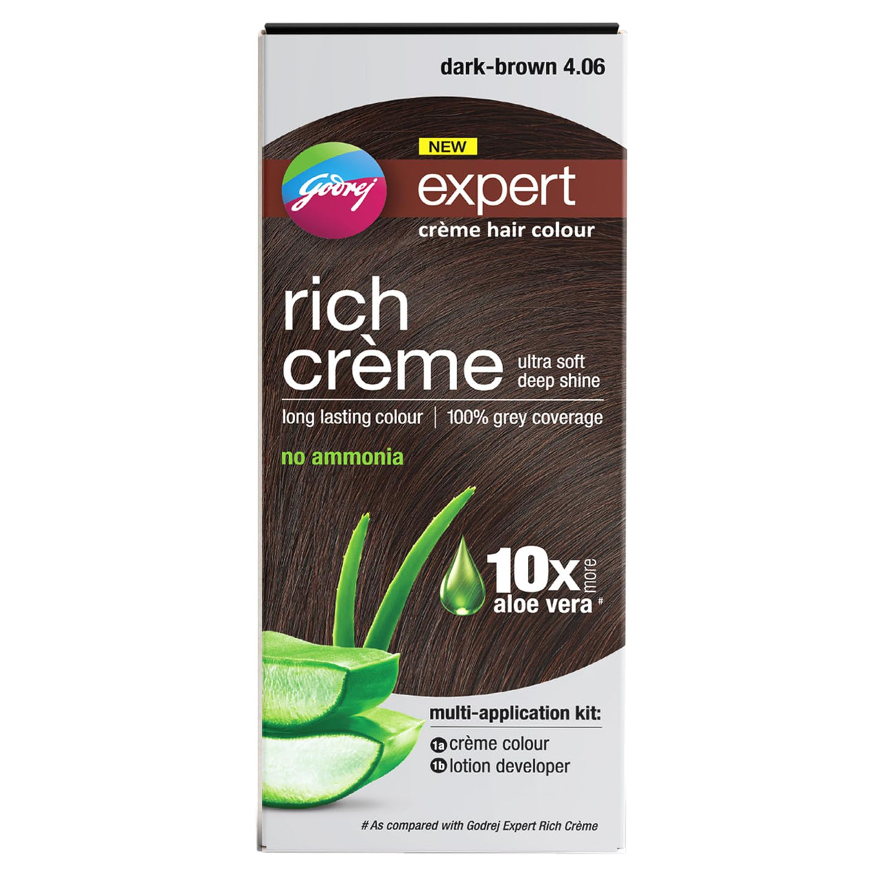 Godrej Expert Rich Crème Hair Colour for Women & Men – DARK BROWN Shade 4.06 (50ml + 50g) | No Ammonia | 10x Aloe Vera & 100% Grey Coverage
