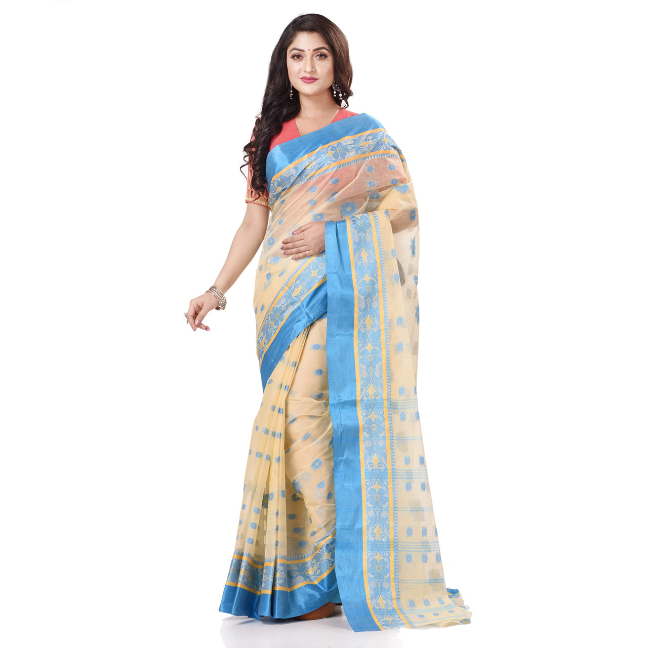 dB DESH BIDESH Women`s Traditional Bengal Phulkoli Woven Design Pure Handloom Cotton Saree Without Blouse Piece White Red