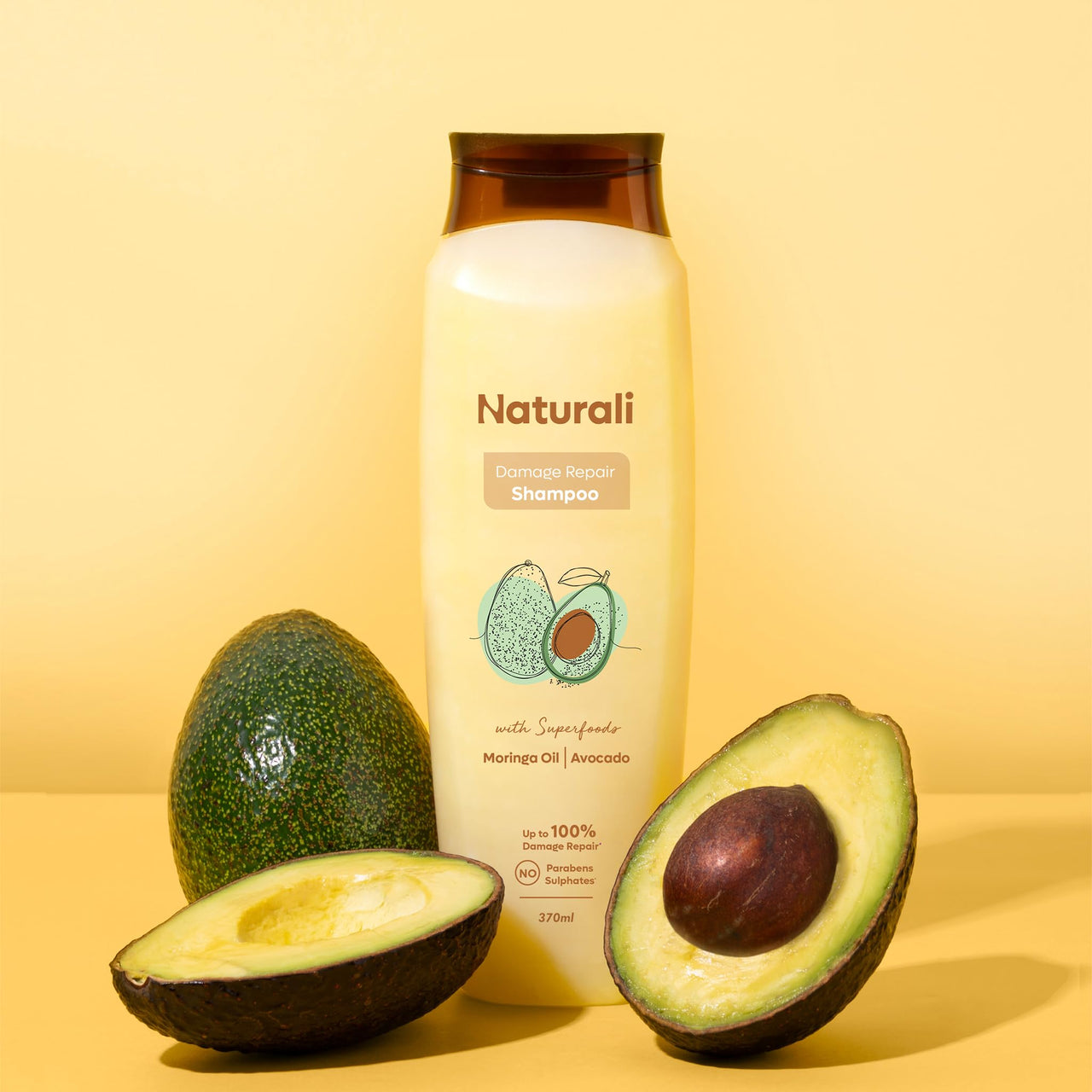 Naturali Damage Repair Shampoo | Improves Damaged Hair In Just 4 Uses | With Avocado & Moringa Oil | Sulphate Free | For Women | Shampoo for Frizzy and Dry Hair | Paraben Free | 370 ml