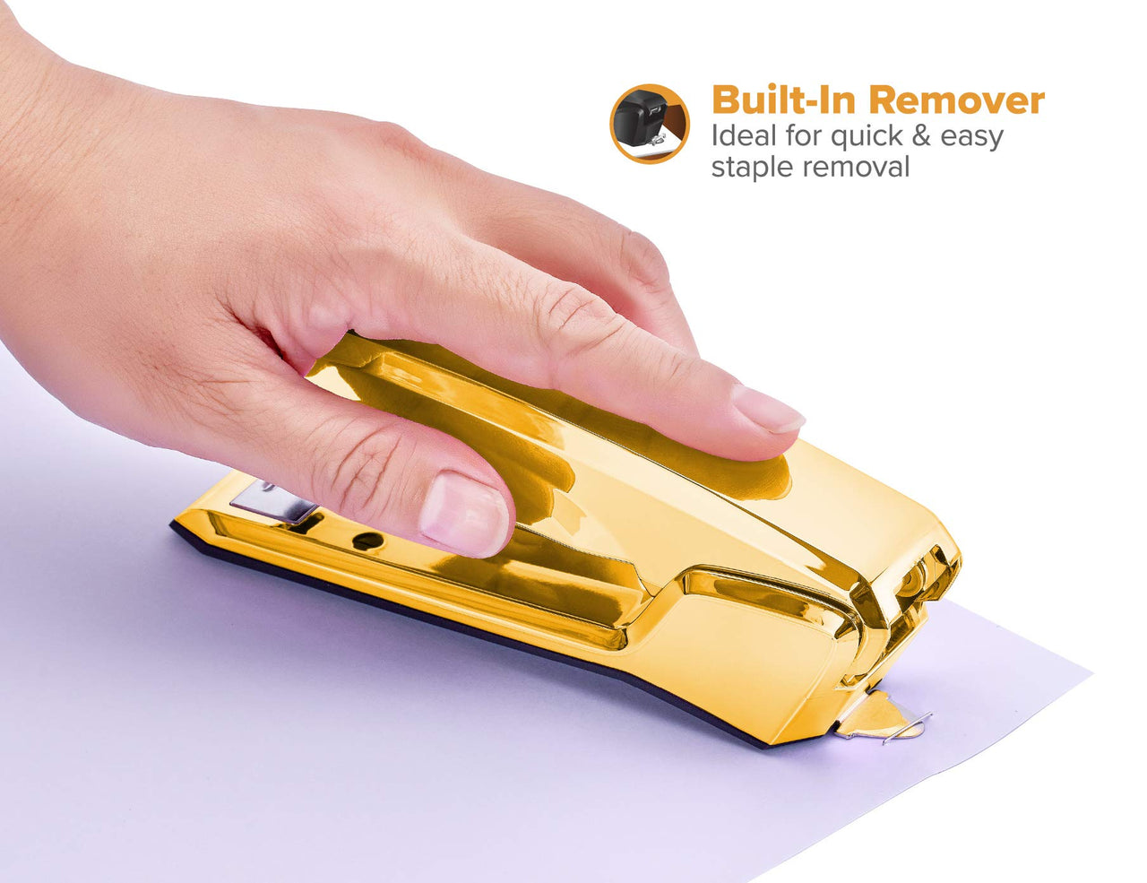 Bostitch Office Ascend 3 in 1 Stapler Integrated Remover & Staple Storage, 420 Staples Included, 20 Sheet Capacity, Lightweight, Gold Chrome