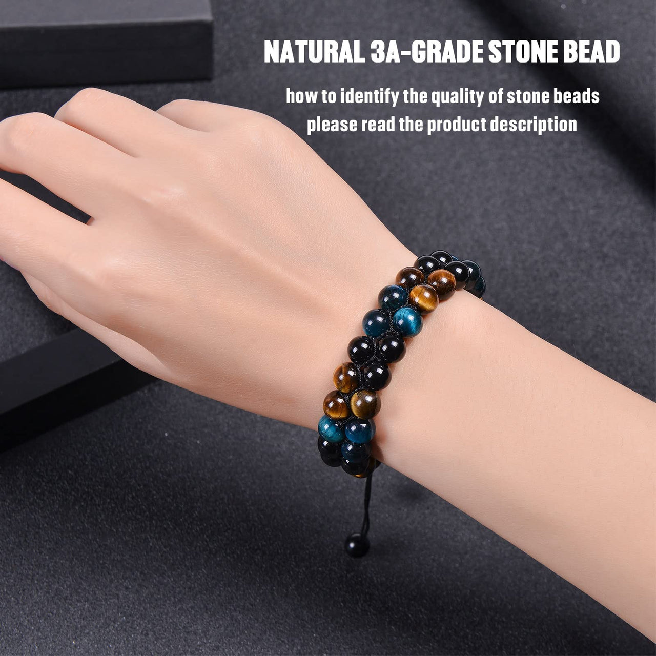 OAHERAS Beaded Bracelets for Men and Women Triple Protection Spiritual Healing Natural Yellow Blue Tiger Eye and Black Obsidian 8mm Stone Bead Energy Crystal Bracelet - Bring Good Luck and Happiness