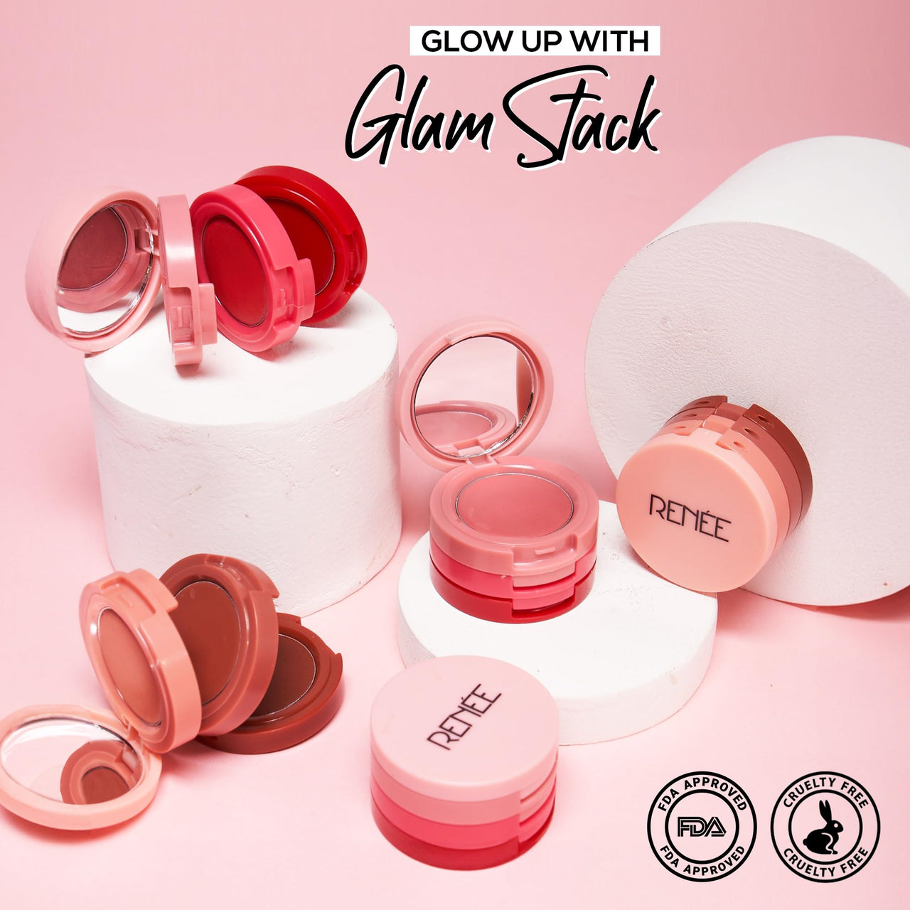 RENEE Glam Stack 3-In-1 Lip & Cheek Tint - Pink 4.5g - 3 Shades in 1, Rich Creamy Natural Seamless Finish, Smooth & Blendable Formula - Travel Friendly, Quick & Easy to Use