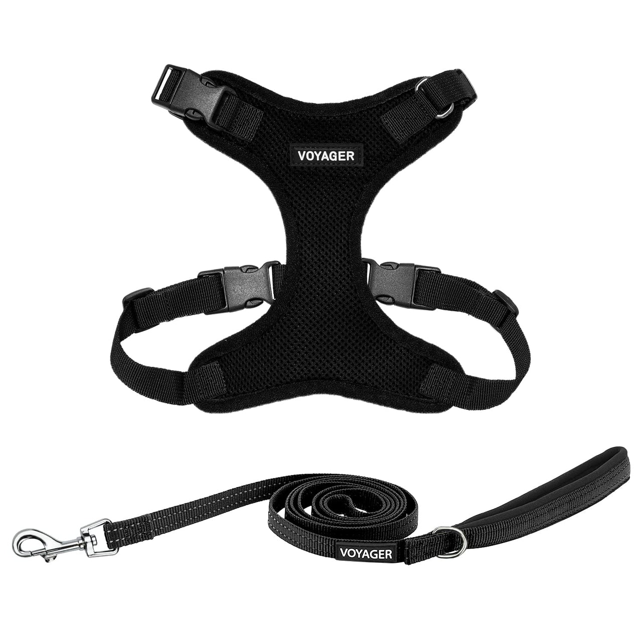 Voyager Step-in Lock Dog Harness w Reflective Dog Leash Combo Set with Neoprene Handle 5ft - Supports Small, Medium and Large Breed Puppies/Cats by Best Pet Supplies - Black, S Harness Leash Set (Black) S (Chest: 15 - 18")