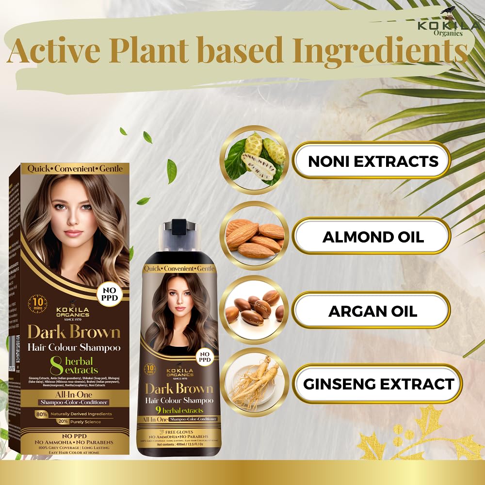 Kokila NO PPD Shampoo Hair Colour - Dark Brown 400ml for Women and Men | Natural Extracts | Colours Hair in 10 Minutes | Ammonia Free, Paraben Free - 10 Pair Free Gloves