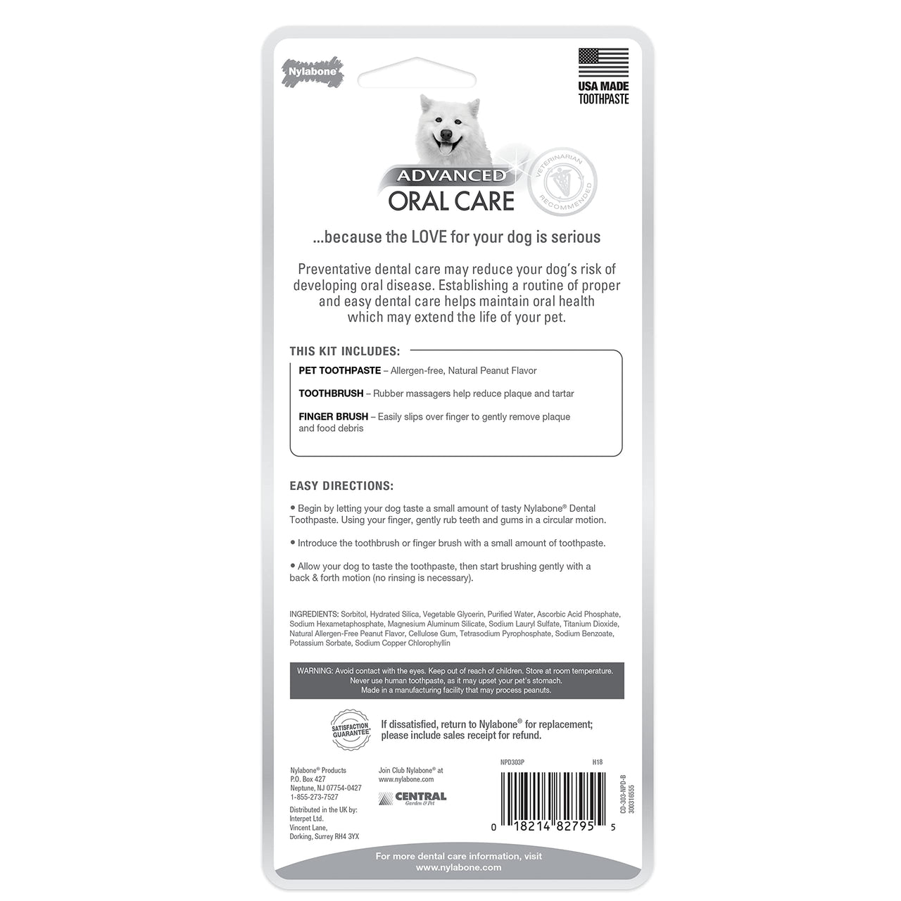 Nylabone Advanced Oral Care Natural Dog Dental Kit Peanut Flavor 2.5 oz. Peanut Butter 1 Count (Pack of 1)