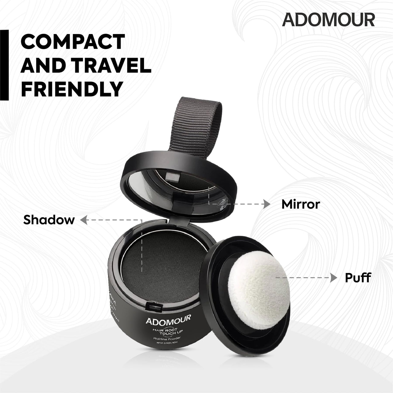 ADOMOUR Root Touchup Powder Black 4g | Covers Hairline, Grey Roots & Bald Spots Instantly | Sweat & Stain Resistant 24HR Formula | Long Lasting & Natural Finish | Cover Up Hair Powder for Men & Women