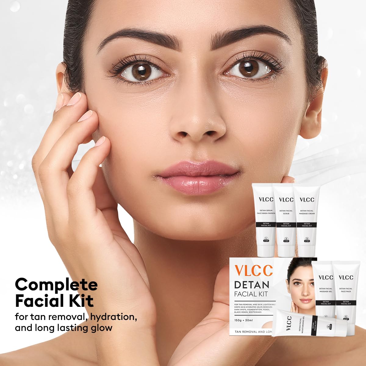 VLCC De-Tan Facial Kit - 180g (150g+30ml) | For Tan Removal | Hydrates, Helps Removes Dark Spots, Pigmentation, Pores, Blackheads & Whiteheads | With SPF 15+ Moisturizer