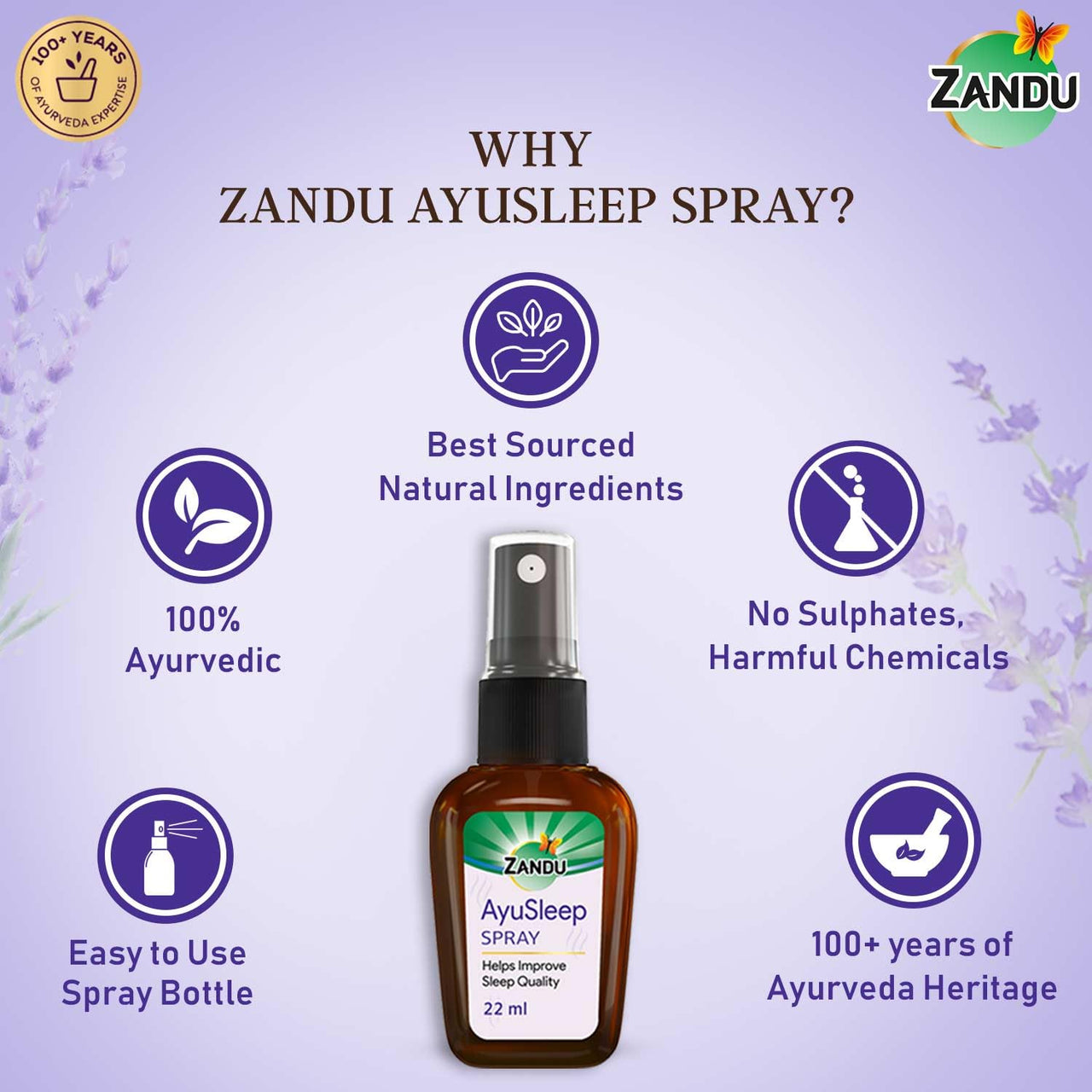 Zandu AyuSleep Spray| Prepared with 100% Natural and Safe to Use Ingredients| Remedy for Sleep disturbances, stress & anxiety (Spray Bottle)