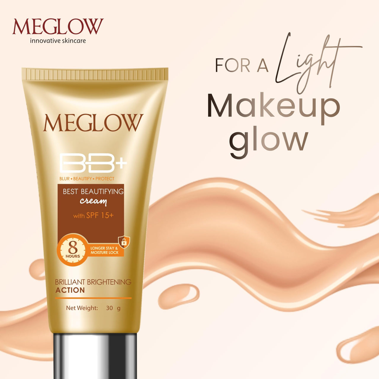 Meglow Beauty BB+ Cream (30g) with SPF 15 Brightening, Moisturizing and Instant Complexion Enhancement and Enriched with Natural Ingredients Meglow Lip Shiner (15g)- Combo Pack of 2