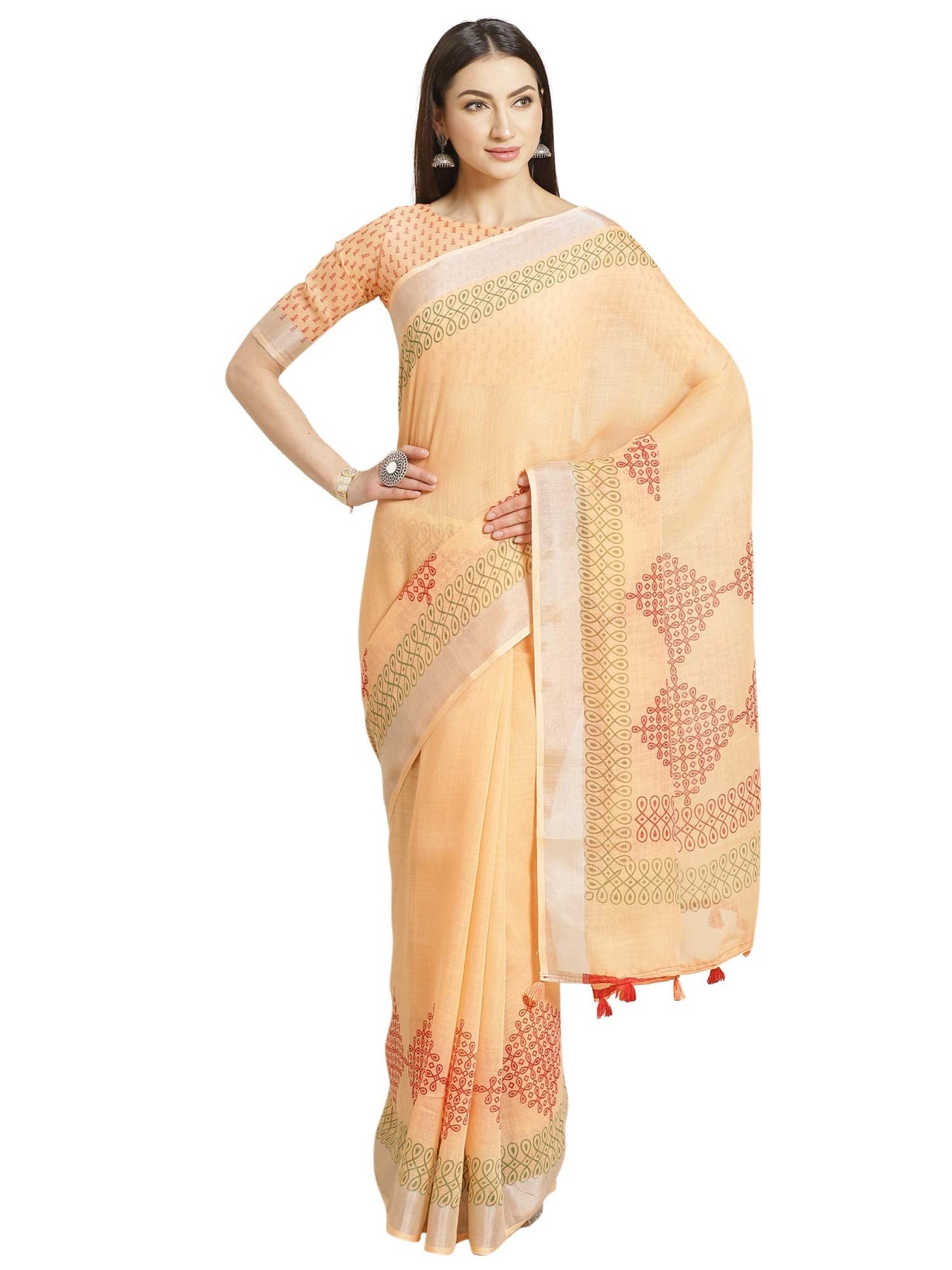 AKHILAM Women's  Linen Geometric Saree With Unstitched Boluse Piece