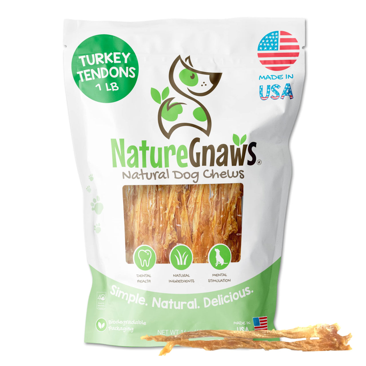Nature Gnaws - Turkey Tendons for Dogs - Premium Natural Chew Treats - Delicious Reward Snack for Small Medium & Large Dogs - Made in The USA - 1 lb