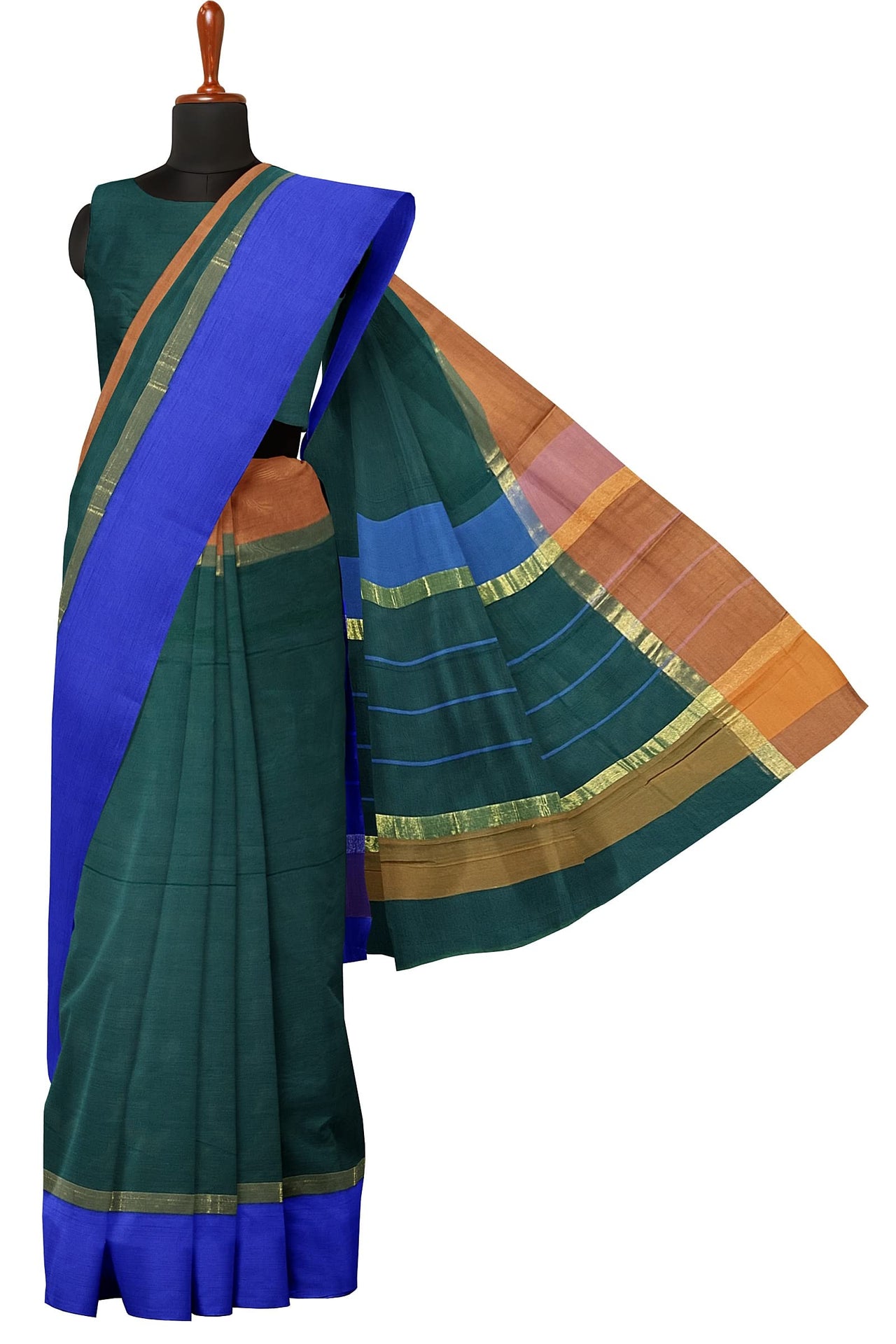 SENSAN Women’s Handloom Kanchi Cotton Saree with Blouse Piece [SKU:430] Light Beige×Navy Blue
