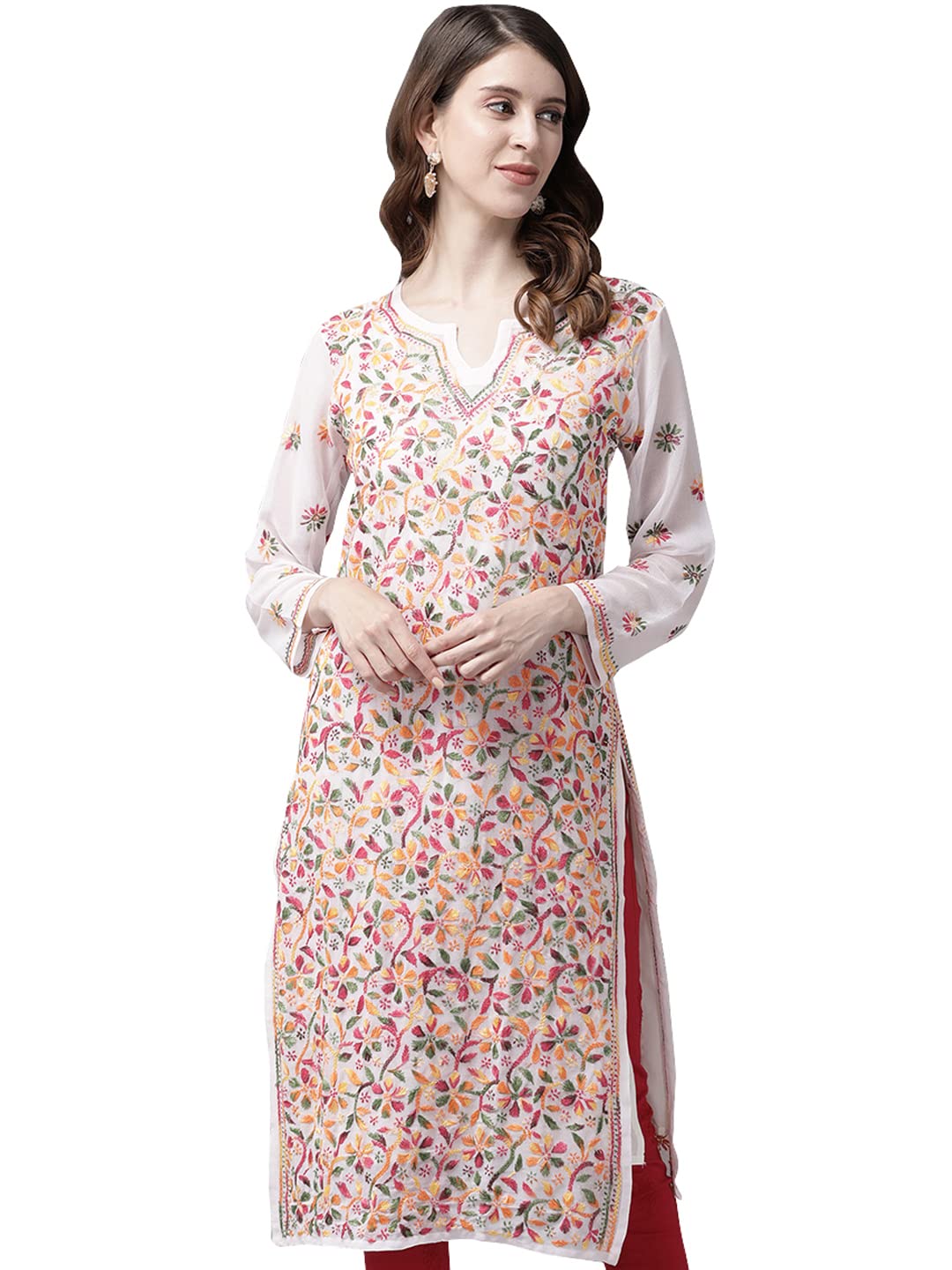 Ada Hand Embroidered Women's  Georgette Lucknowi Chikankari Kurta with Slip A90397 White