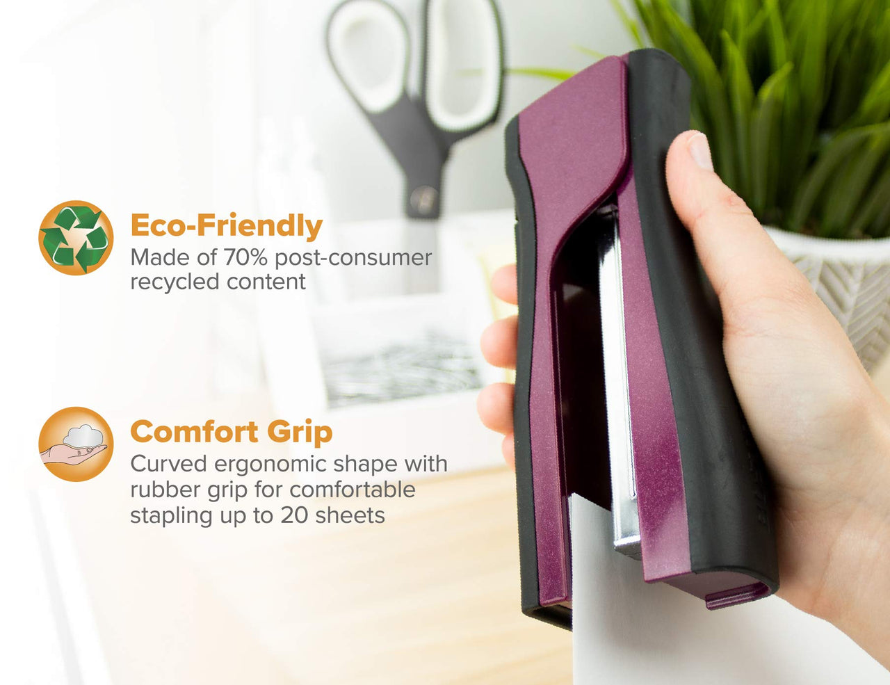 Bostitch Office Dynamo 4 in 1 Standup Stapler, Includes 420 Staples, 20 Sheet Capacity, Integrated Pencil Sharpener, Staple Remover & Staple Storage, Magenta