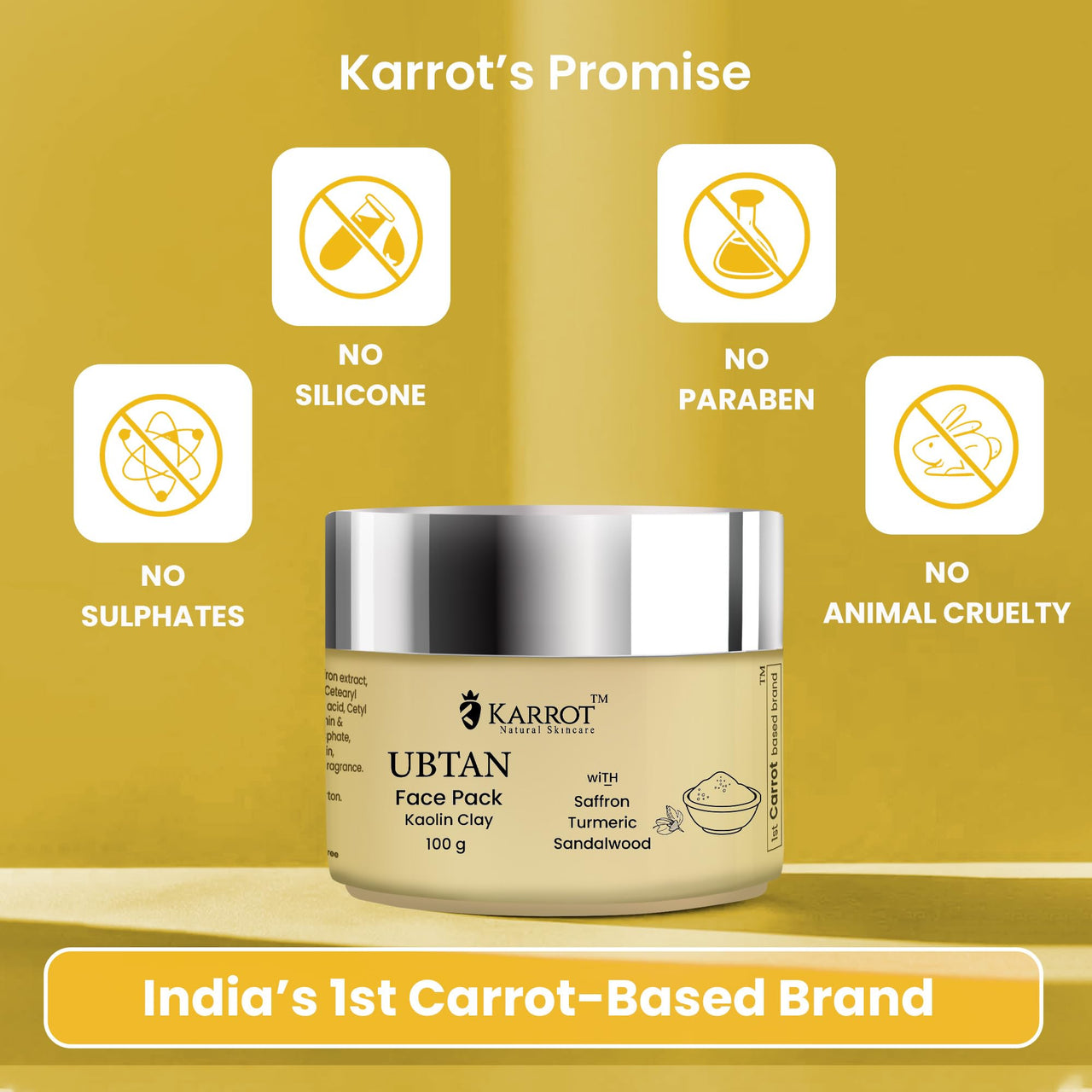 Karrot Natural Skincare Ubtan Face Pack, Enhances Glow and Brightness, Increases Softness and Removes Tan, Made with Kastoori Haldi, Sandalwood, Rosewater, For Women and Men, All Skin Types, 100gms